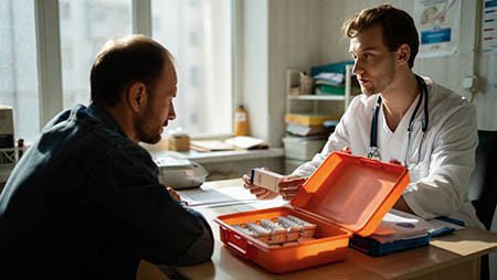 Врач подбирает мужчине лекарство в кабинете